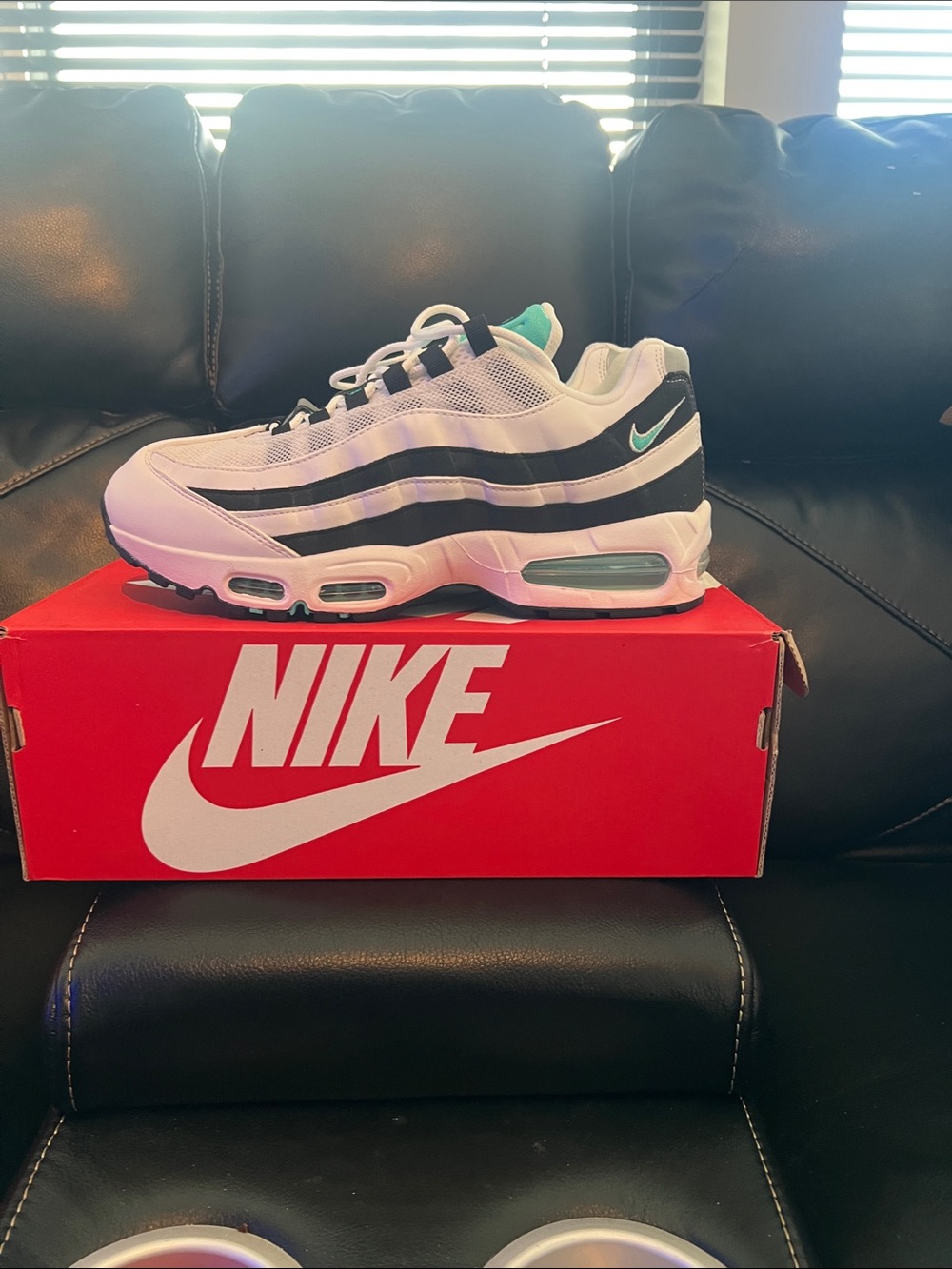 Nike men’s Air Max 95 OG White and Black Sneakers with Teal Swoosh